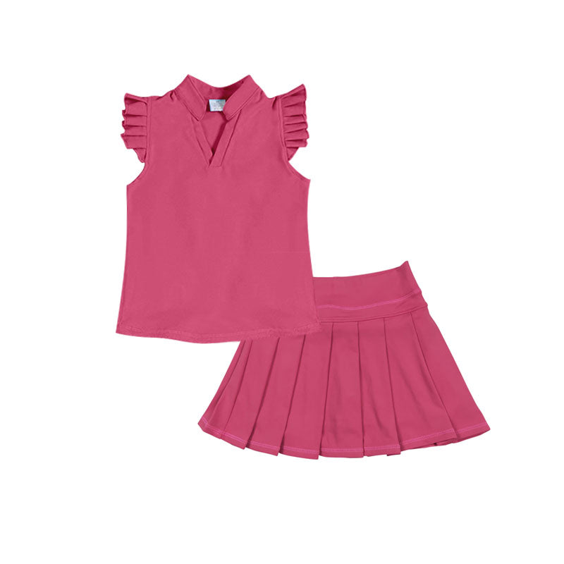 Baby Girls Hot Pink Button Shirts Top Pleated Skirt Shorts Yoga Clothes Sets Preorder