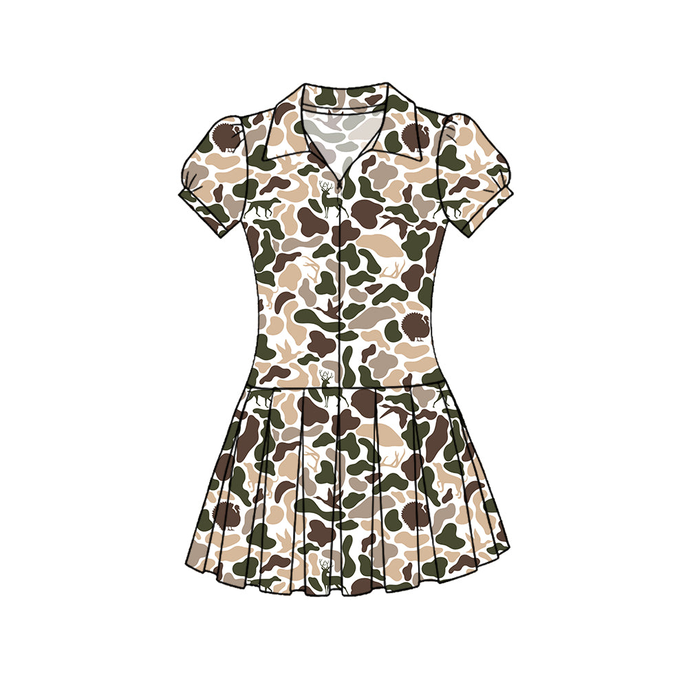 Baby Girls Dog Ducks Deer Camo Zipper Pleated Hunting Yoga Knee Length Dresses Preorder