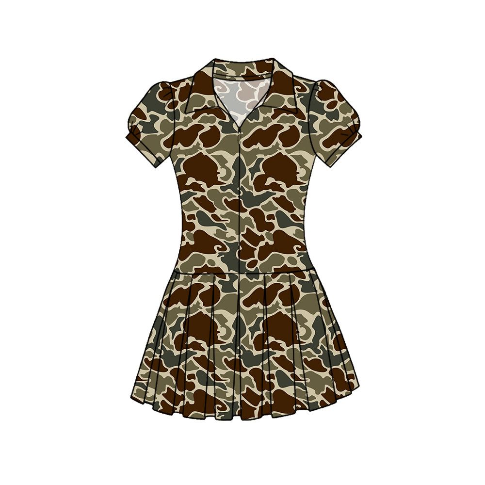 Baby Girls Southern Dark Khaki Camo Zipper Pleated Yoga Knee Length Dresses Preorder