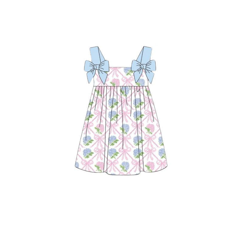 Baby Girls Blue Strap Flowers Bows Checked Knee Length Dresses Preorder