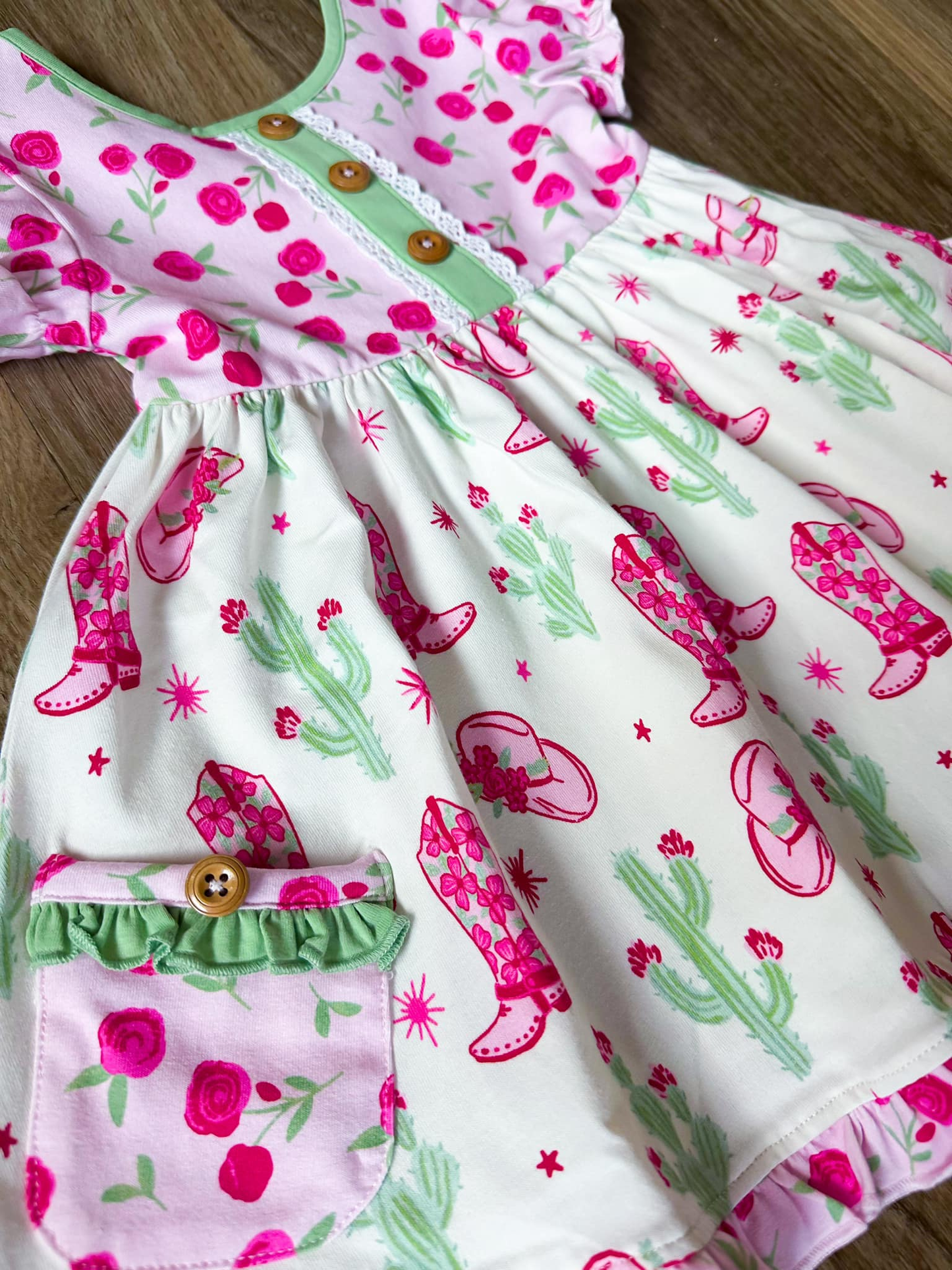 Baby Girls Cactus Boots Hats Pockets Western Ruffle Knee Length Dresses Preorder