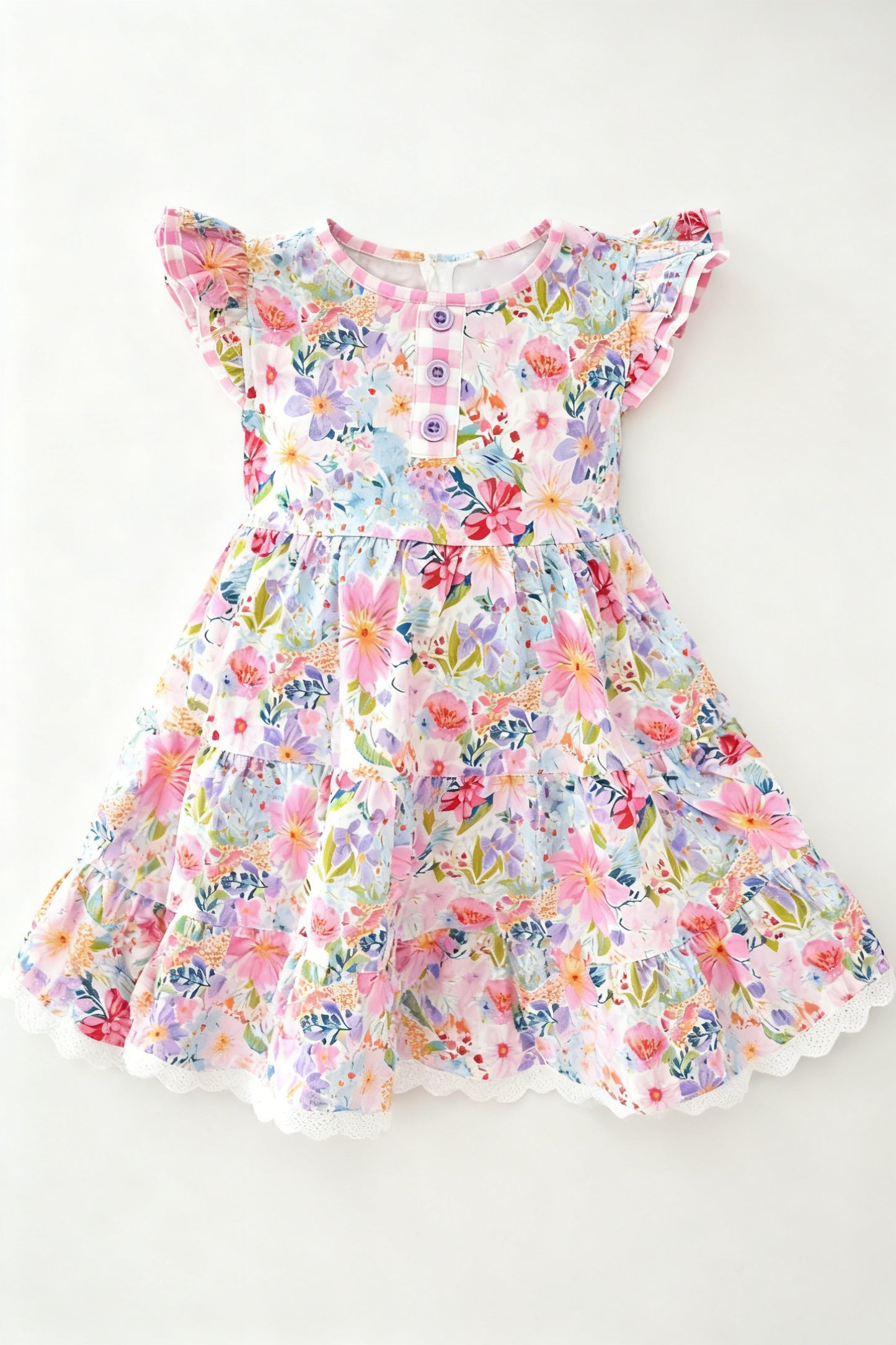 Baby Girls Colorful Floral Button Ruffle Knee Length Dresses Preorder