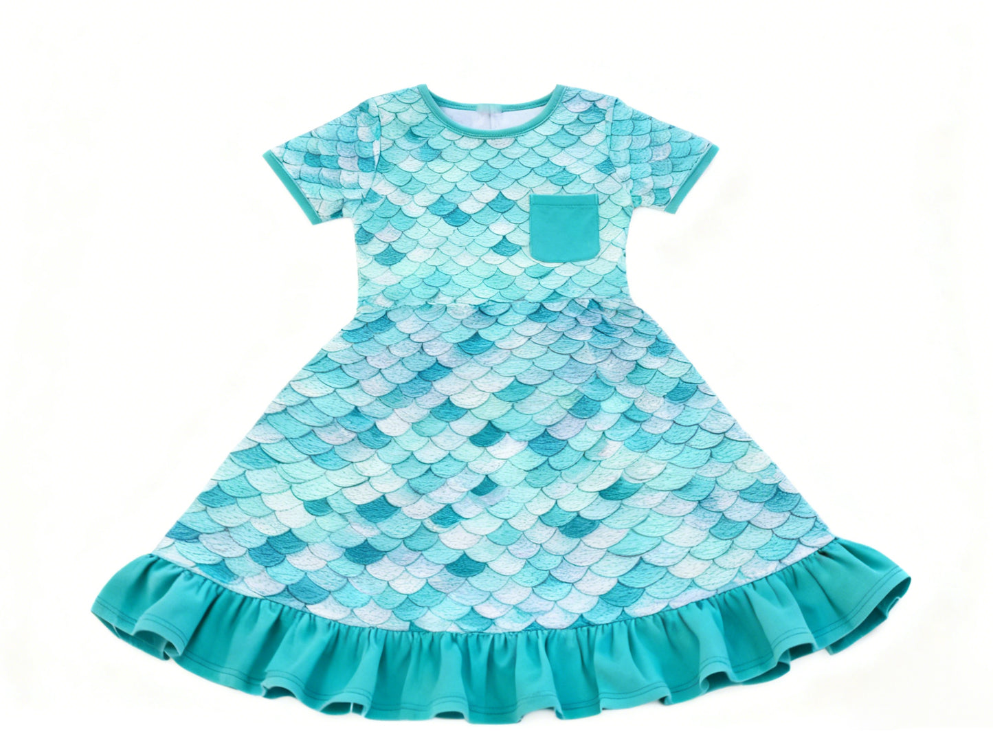 Baby Girls Blue Short Sleeve Mermaid Pocket Ruffle Knee Length Dresses Preorder