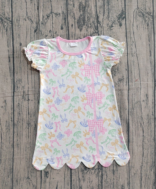 Baby Girls Colorful Bows Button Scallop Knee Length Dresses