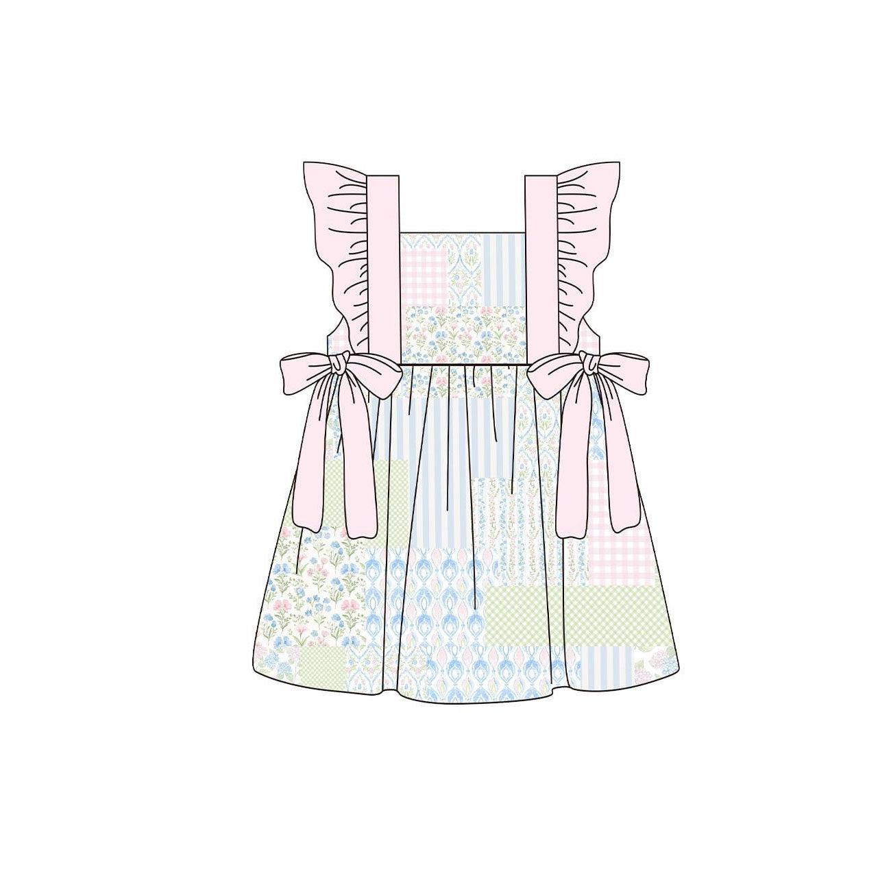 Baby Girls Pink Flowers Checked Bows Knee Length Dresses Preorder