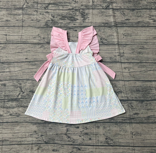 Baby Girls Pink Flowers Checked Bows Knee Length Dresses Preorder