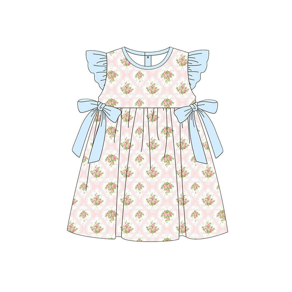 Baby Girls Pink Flowers Checked Bows Knee Length Dresses Preorder