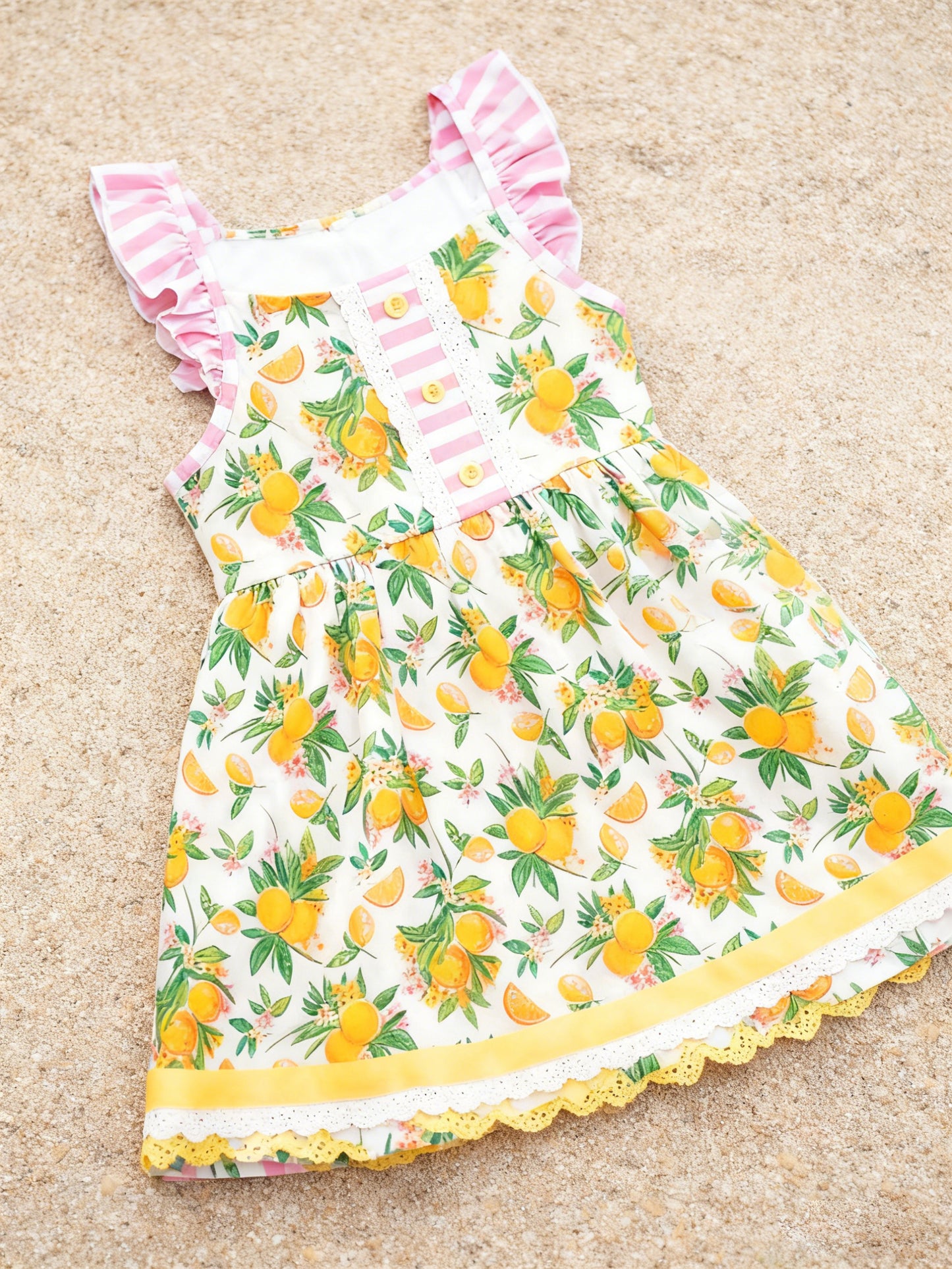 Baby Girls Flutter Sleeve Button Lemons Ruffle Knee Length Dresses Preorder