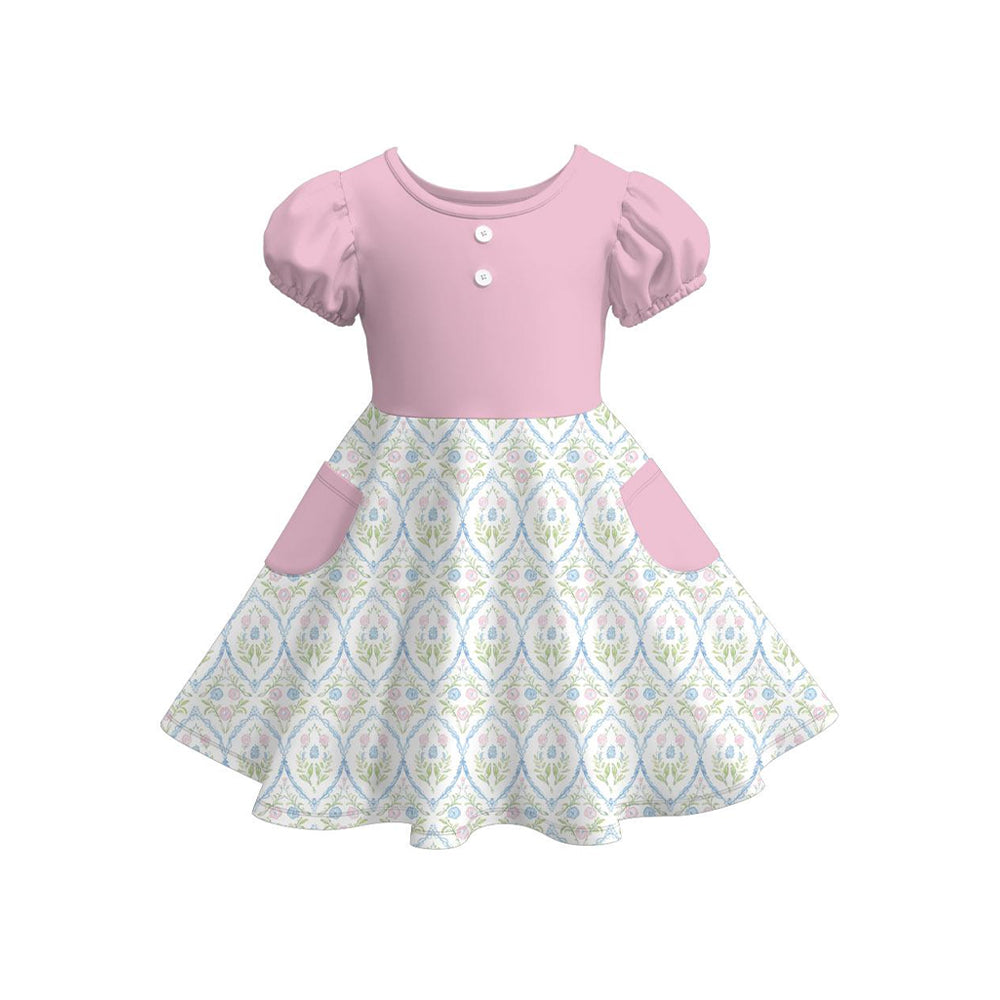 Baby Girls Pink Button Flowers Checked Pockets Knee Length Dresses Preorder