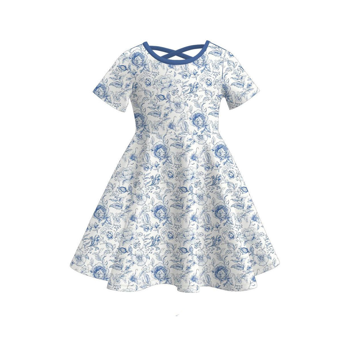 Baby Girls Short Sleeve Blue Floral Knee Length Dresses Preorder