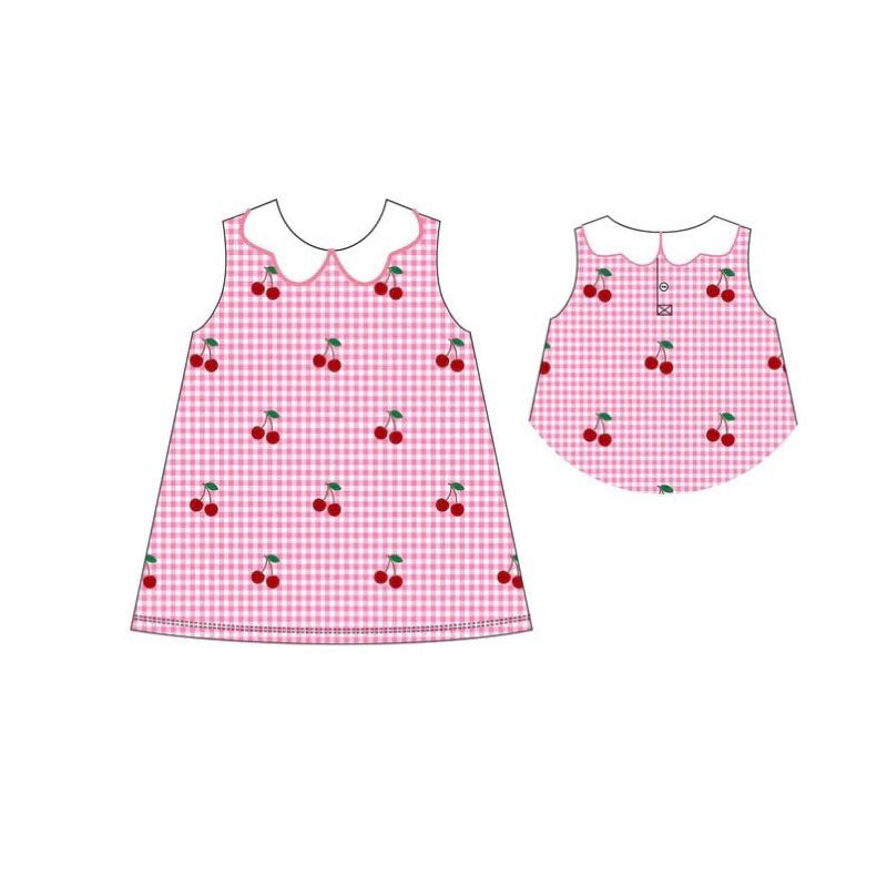Baby Girls Pink Checked Cherry Collar Knee Length Dresses Preorder