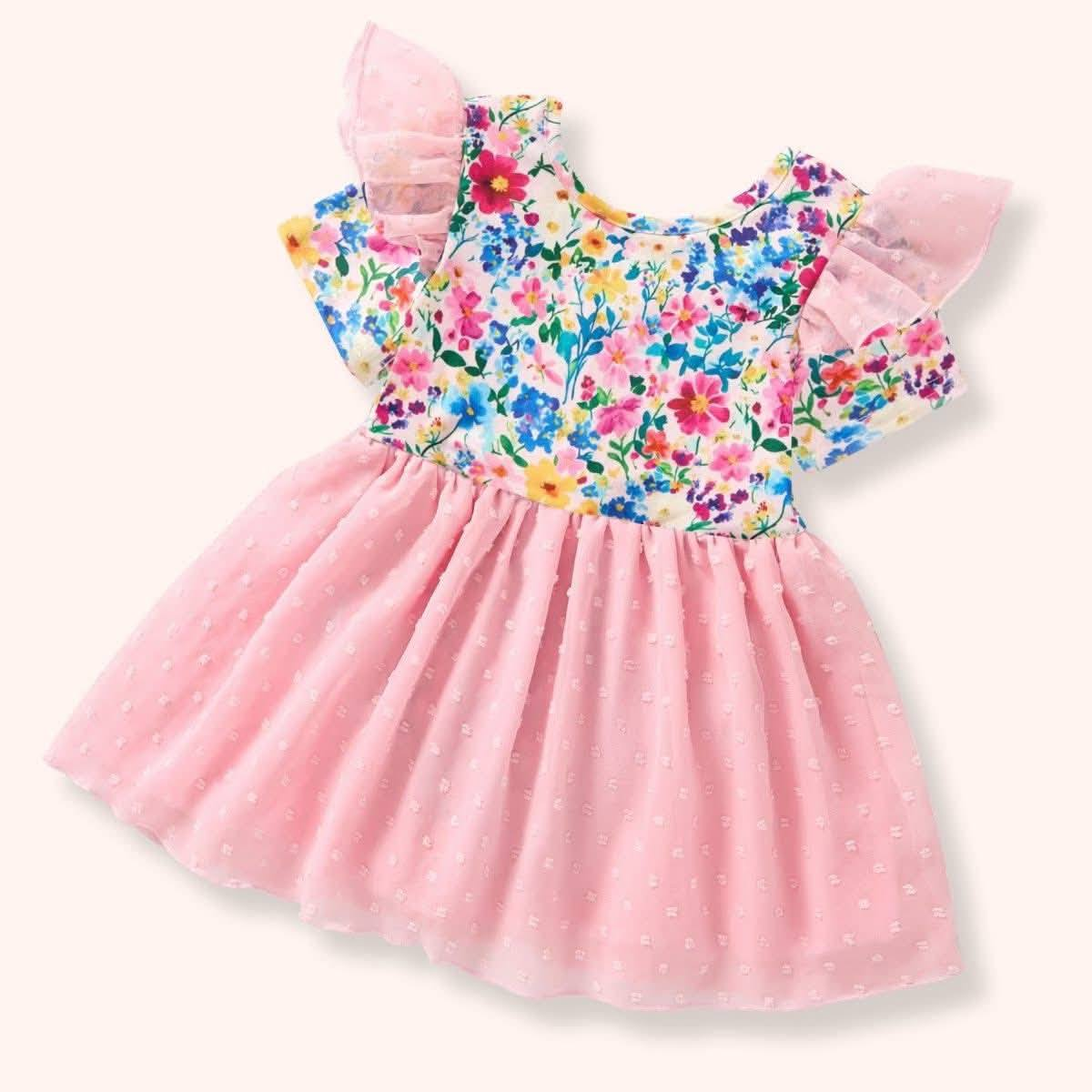 Baby Girls Flutter Sleeve Colorful Floral Knee Length Dresses Preorder