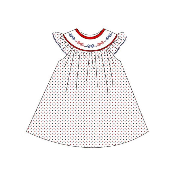 Baby Girls Red Blue Polka Dots Bows 4th of July Knee Length Dresses Preorder