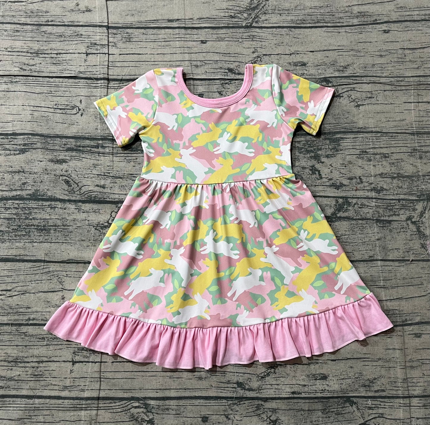 Baby Girls Short Sleeve Rabbits Camo Easter Ruffle Knee Length Dresses