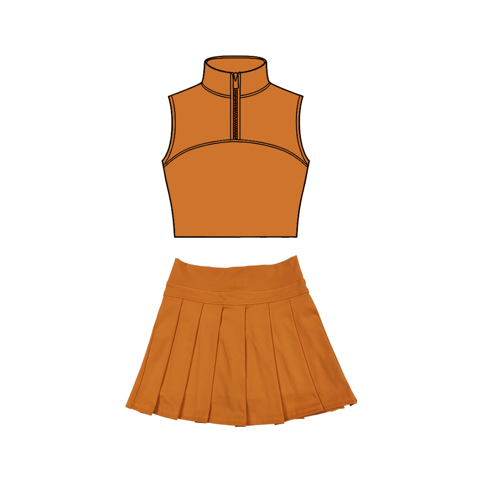 Baby Girls Orange Sleeveless Zipper Vests Pleated Skirt Shorts Yoga Clothes Sets Preorder