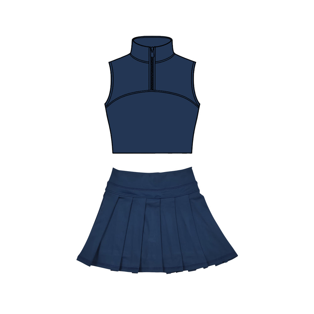 Baby Girls Navy Sleeveless Zipper Vests Pleated Skirt Shorts Yoga Clothes Sets Preorder
