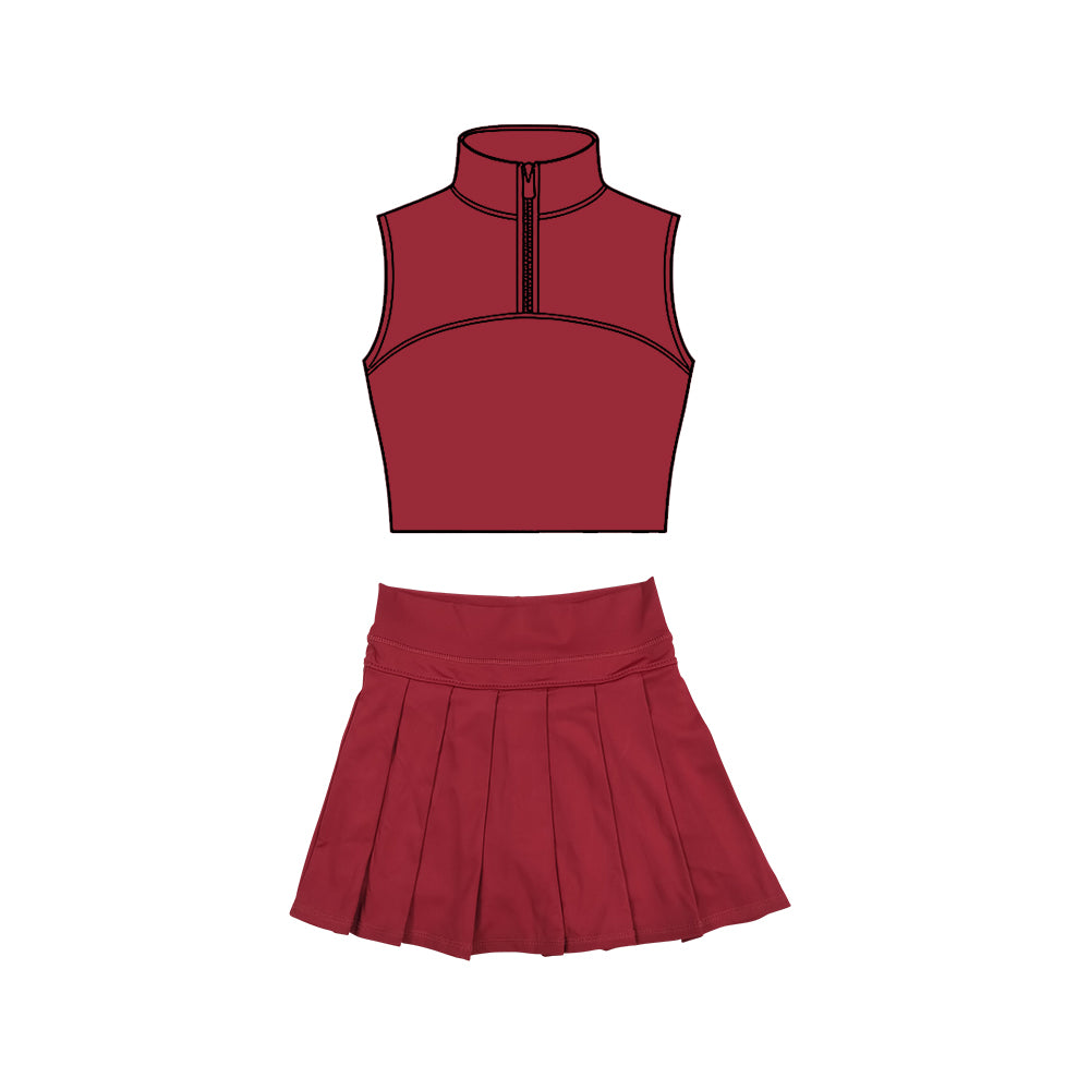 Baby Girls Dark Red Sleeveless Zipper Vests Pleated Skirt Shorts Yoga Clothes Sets Preorder