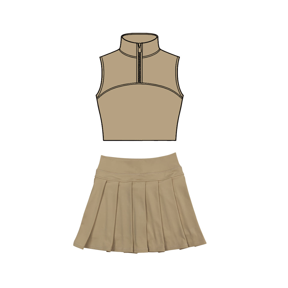 Baby Girls Khaki Sleeveless Zipper Vests Pleated Skirt Shorts Yoga Clothes Sets Preorder