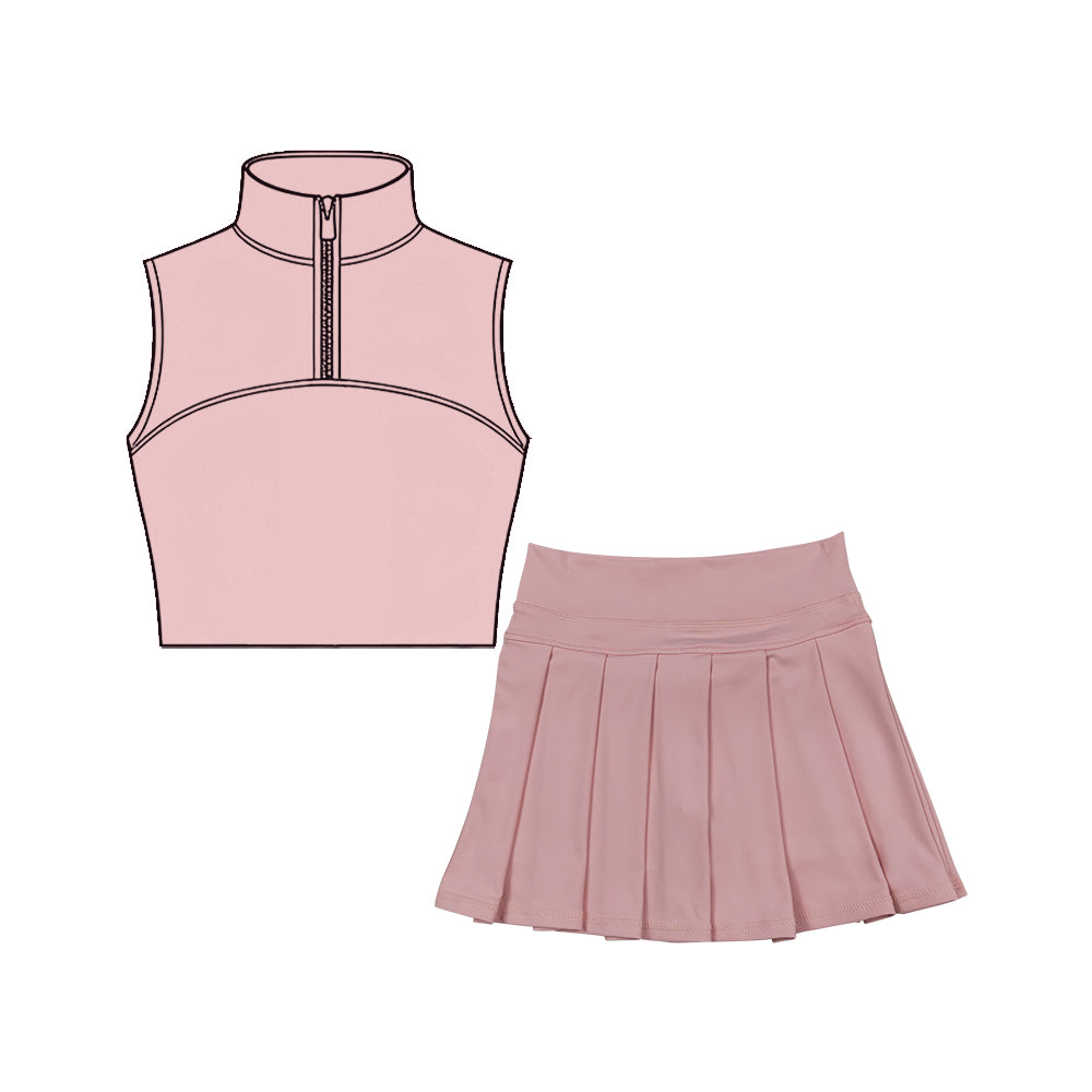 Baby Girls Light Pink Sleeveless Zipper Vests Pleated Skirt Shorts Yoga Clothes Sets Preorder