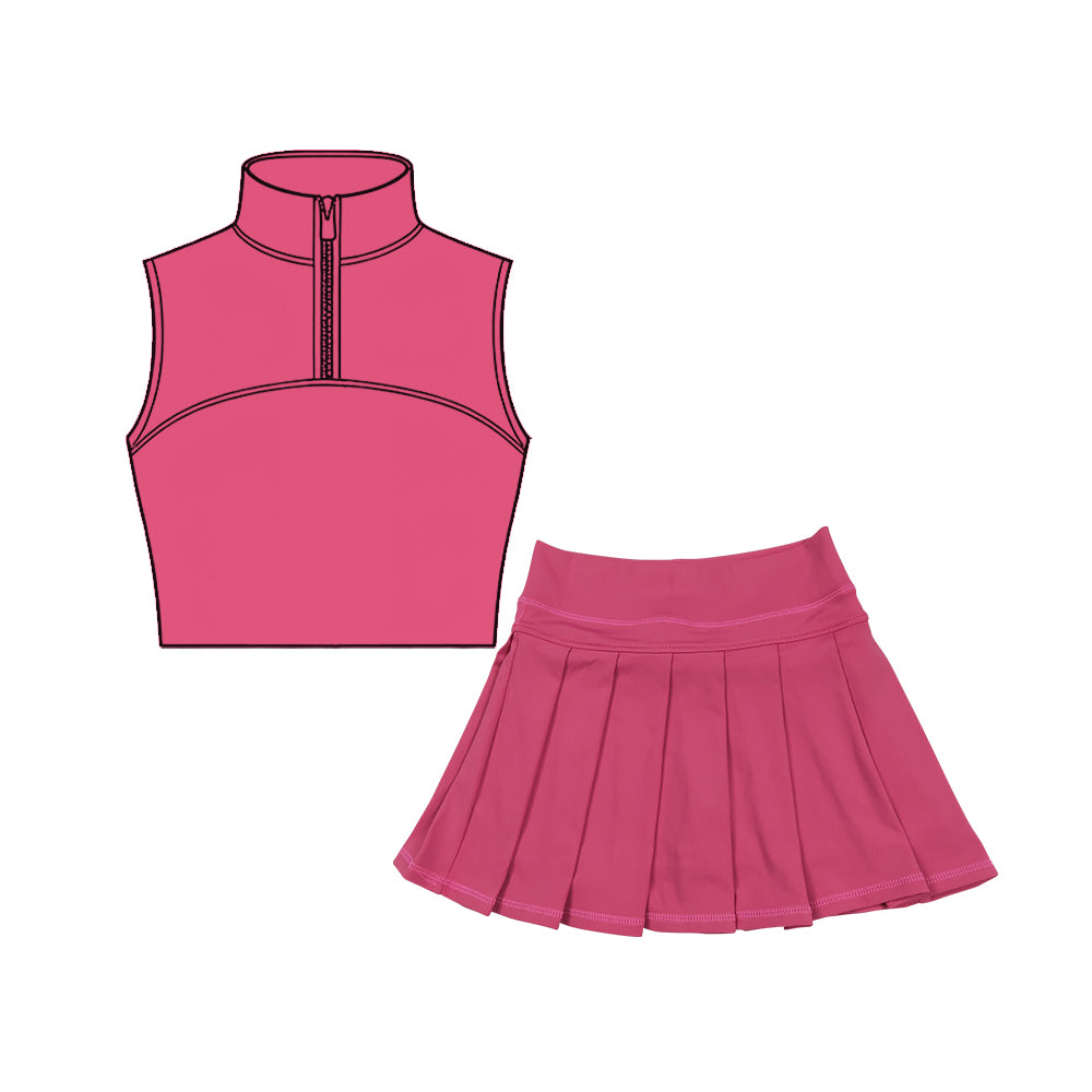 Baby Girls Hot Pink Sleeveless Zipper Vests Pleated Skirt Shorts Yoga Clothes Sets Preorder