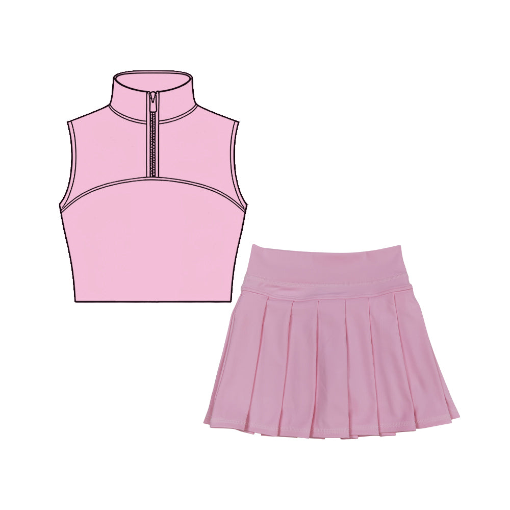 Baby Girls Pink Sleeveless Zipper Vests Pleated Skirt Shorts Yoga Clothes Sets Preorder