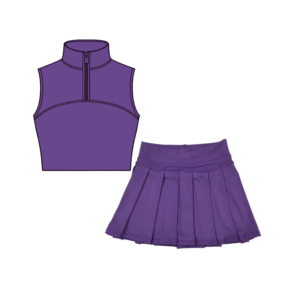 Baby Girls Purple Sleeveless Zipper Vests Pleated Skirt Shorts Yoga Clothes Sets Preorder