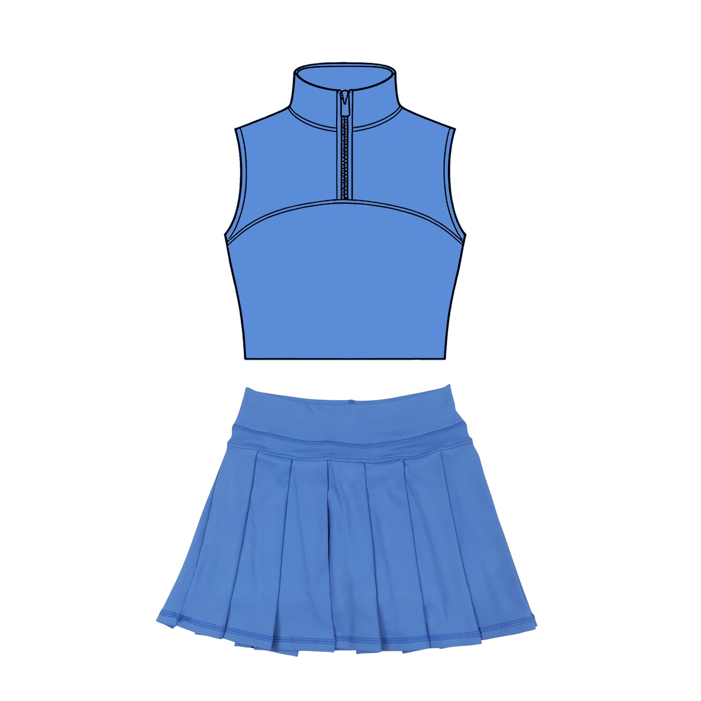 Baby Girls Blue Sleeveless Zipper Vests Pleated Skirt Shorts Yoga Clothes Sets Preorder
