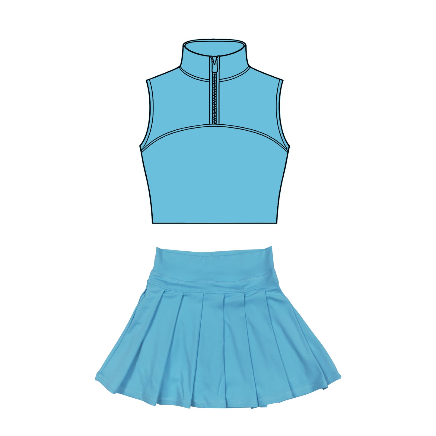 Baby Girls Blue Sleeveless Zipper Vests Pleated Skirt Shorts Yoga Clothes Sets Preorder