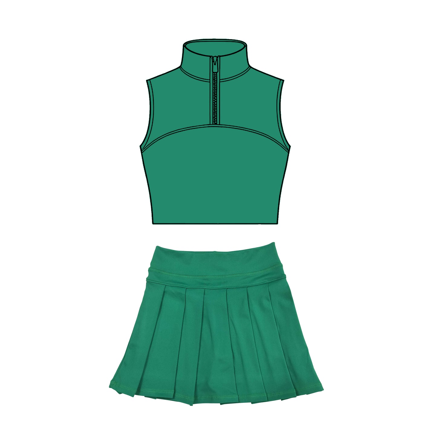 Baby Girls Green Sleeveless Zipper Vests Pleated Skirt Shorts Yoga Clothes Sets Preorder