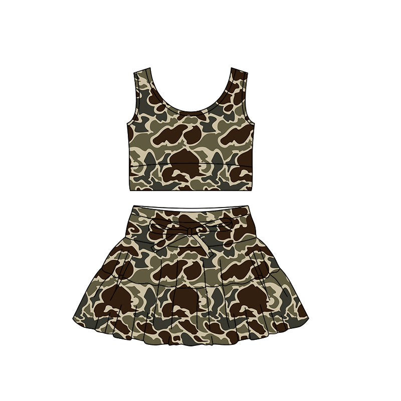 Baby Girls Southern Dark Khaki Camo Vest Ruffle Skirt Shorts Yoga Clothes Sets Preorder