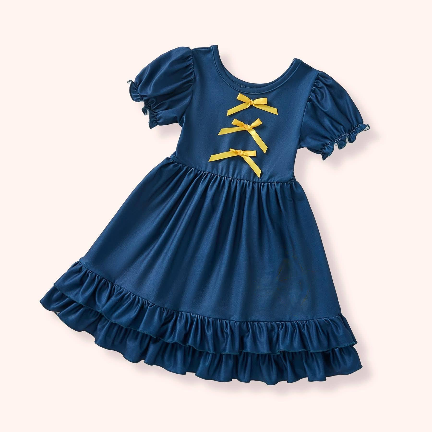 Baby Girls Hot Blue Short Sleeve Bows Ruffle Knee Length Dresses Preorder