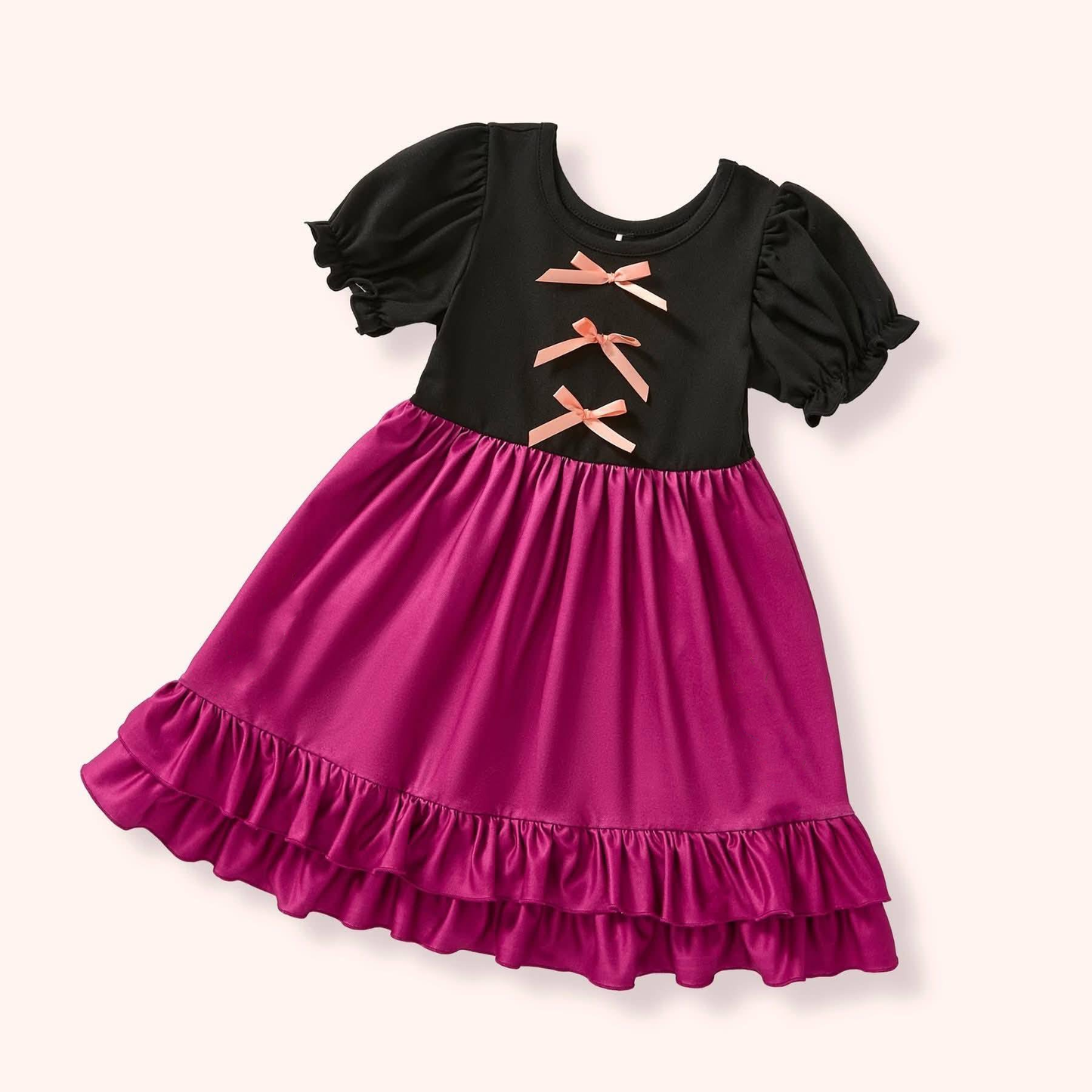 Baby Girls Black Pink Short Sleeve Bows Ruffle Knee Length Dresses Preorder