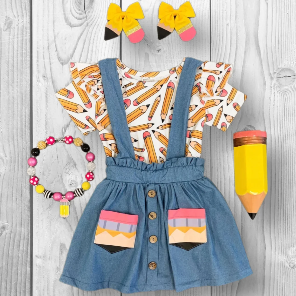 Baby Girls Pencils Shirt Top Strap Pockets Dress 2 Piece Back to School Clothes Sets Preorder