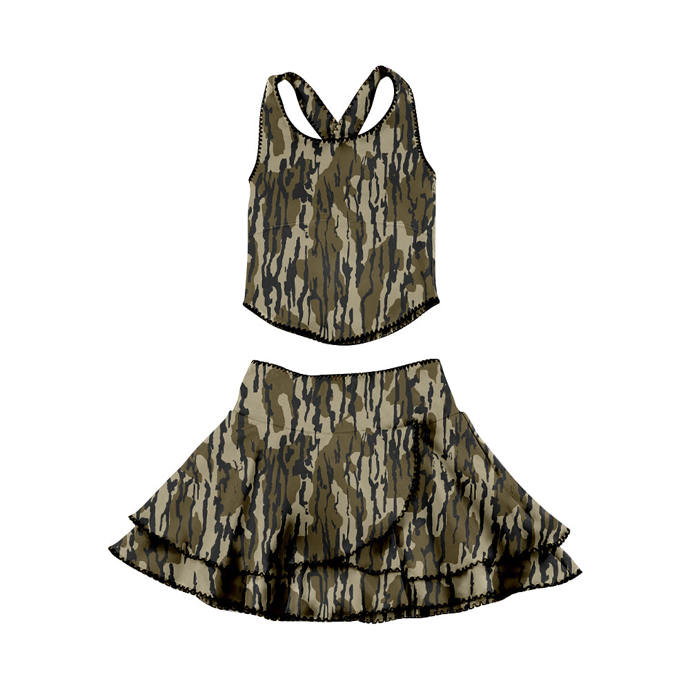 Baby Girls Southern Olive Camo Strap Vests Skirt Shorts Yoga Clothes Sets Preorder