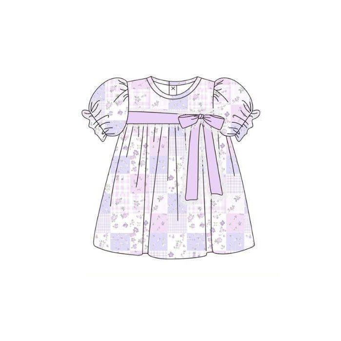 Baby Girls Lavender Flowers Checked Bows Knee Length Dresses Preorder