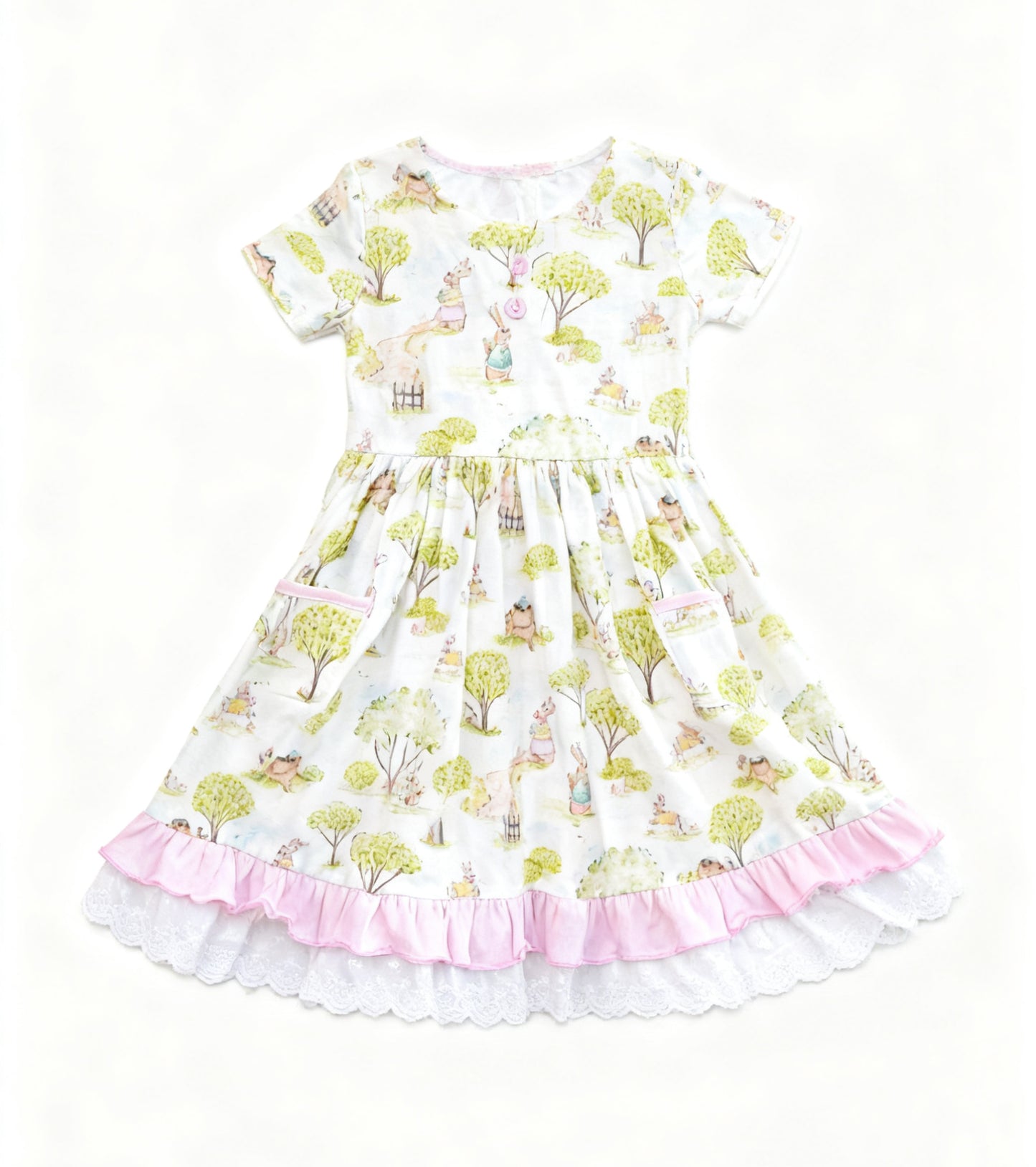 Baby Girls Flutter Sleeve Flowers Rabbits Easter Pockets Ruffle Knee Length Dresses Preorder