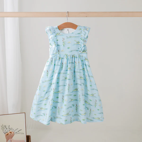 Baby Girls Flutter Sleeve Crocodiles Hunting Knee Length Dresses Preorder