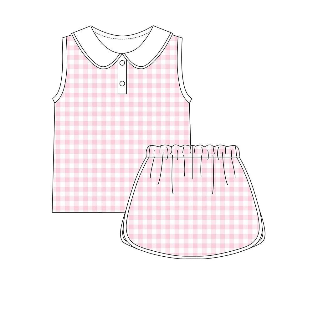 Baby Girls Pink Checked Button Collar Top Skirt Shorts Yoga Clothes Sets Preorder