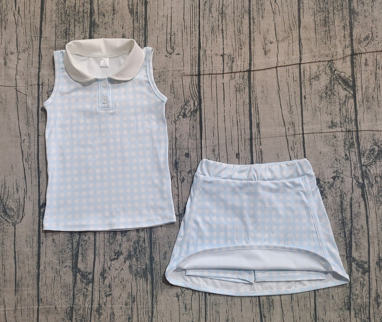 Baby Girls Light Blue Checked Button Collar Top Skirt Shorts Yoga Active Clothes Sets