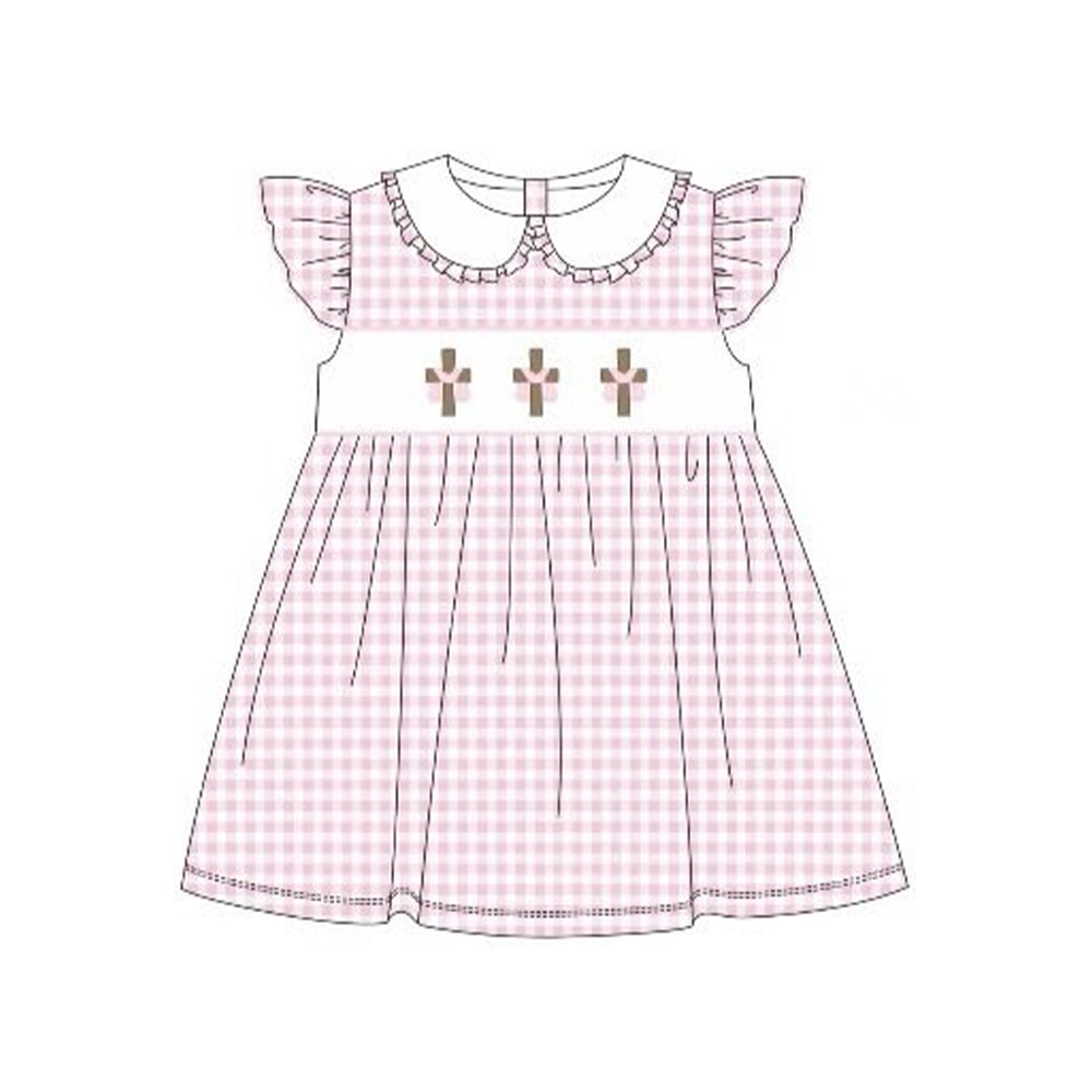 Baby Girls Pink Checked Crosses Easter Collar Knee Length Dresses Preorder