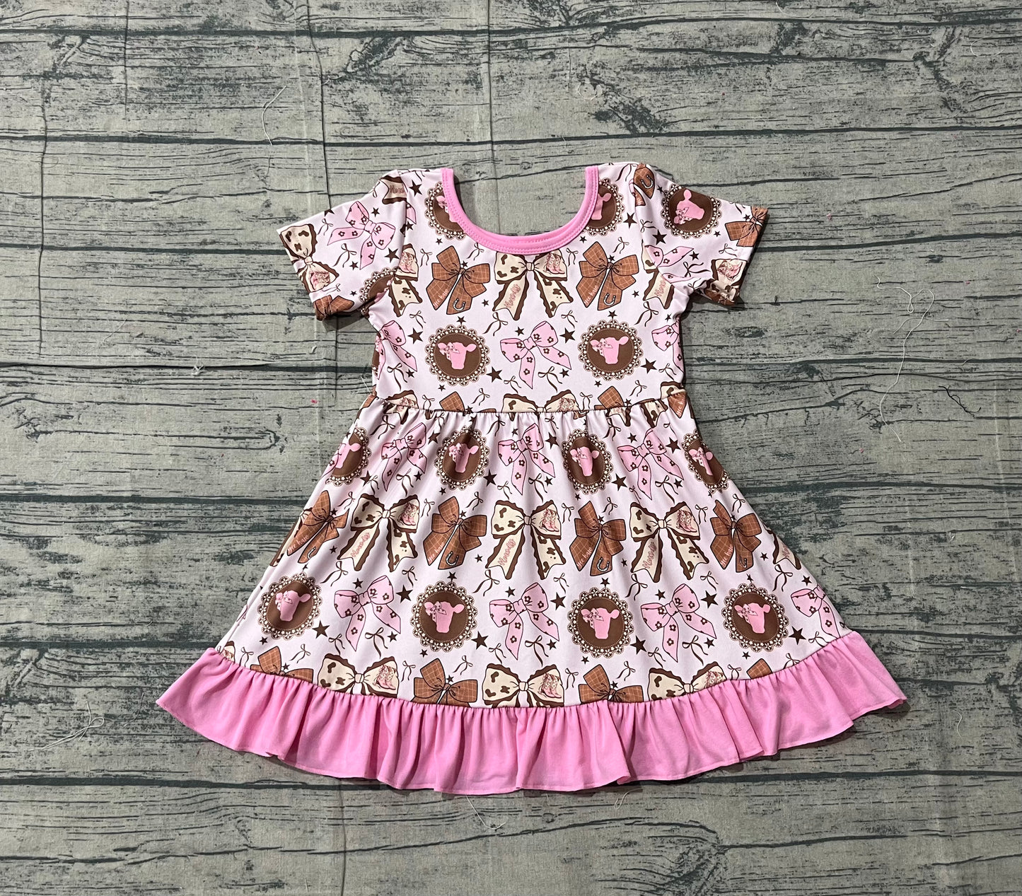 Baby Girls Flowers Highland Cows Western Ruffle Knee Length Dresses Preorder