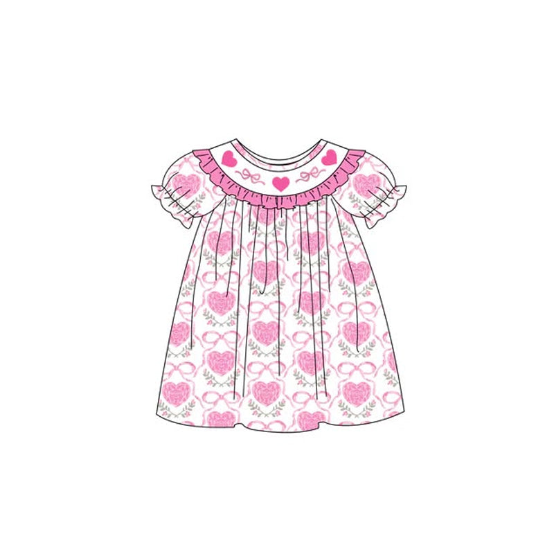 Baby Girls Pink Bows Hearts Checked Valentines Knee Length Dresses Preorder