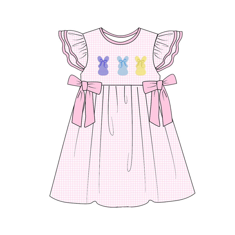 Baby Girls Pink Checked Rabbits Bows Easter Knee Length Dresses Preorder