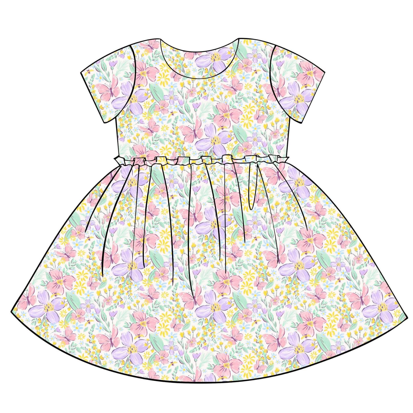 Baby Girls Short Sleeve Colorful Flowers Knee Length Dresses Preorder