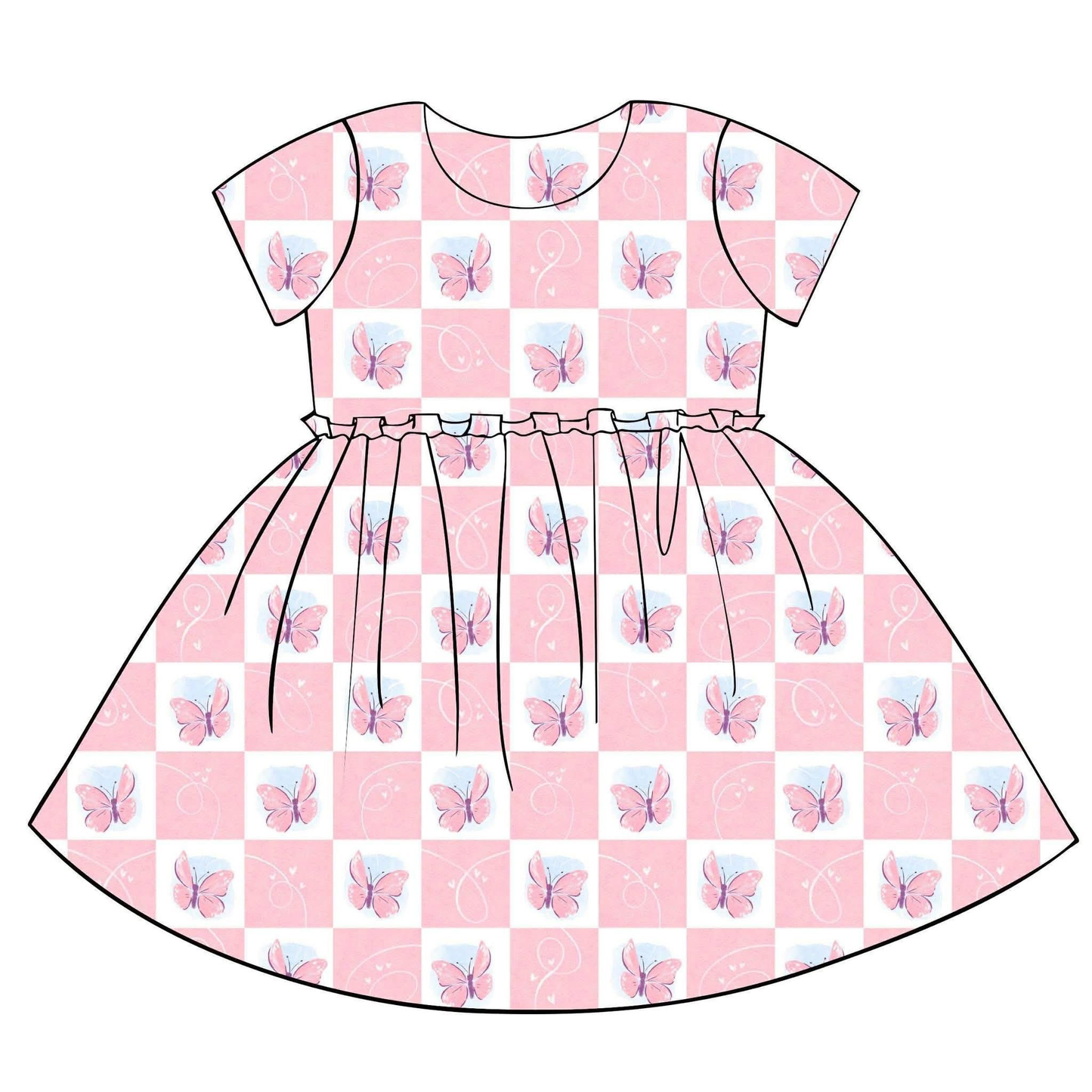 Baby Girls Short Sleeve Butterfly Hearts Checked Valentines Knee Length Dresses Preorder
