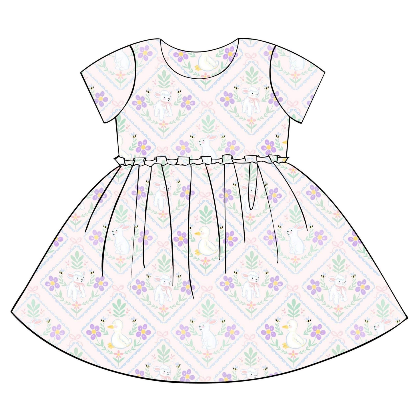 Baby Girls Short Sleeve Flowers Rabbits Gooses Checked Easter Knee Length Dresses Preorder