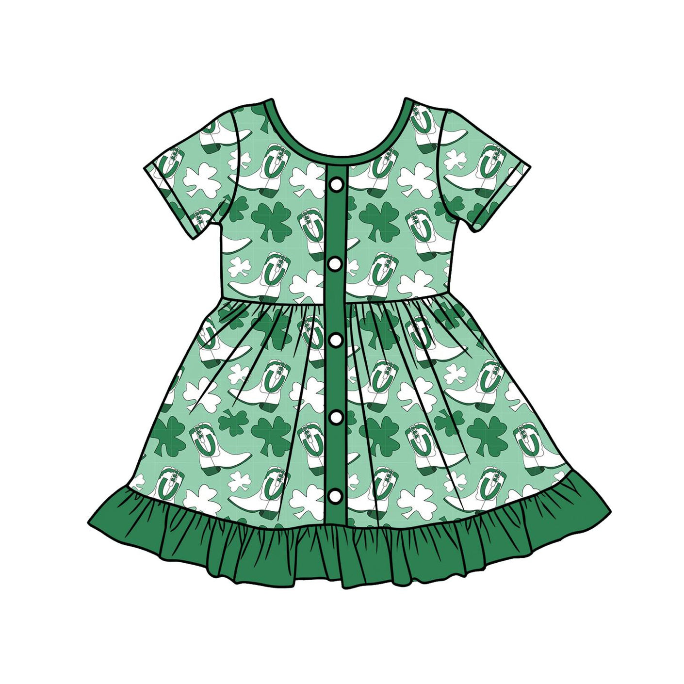 Baby Girls Short Sleeve Clovers Boots St Patrick Ruffle Knee Length Dresses Preorder