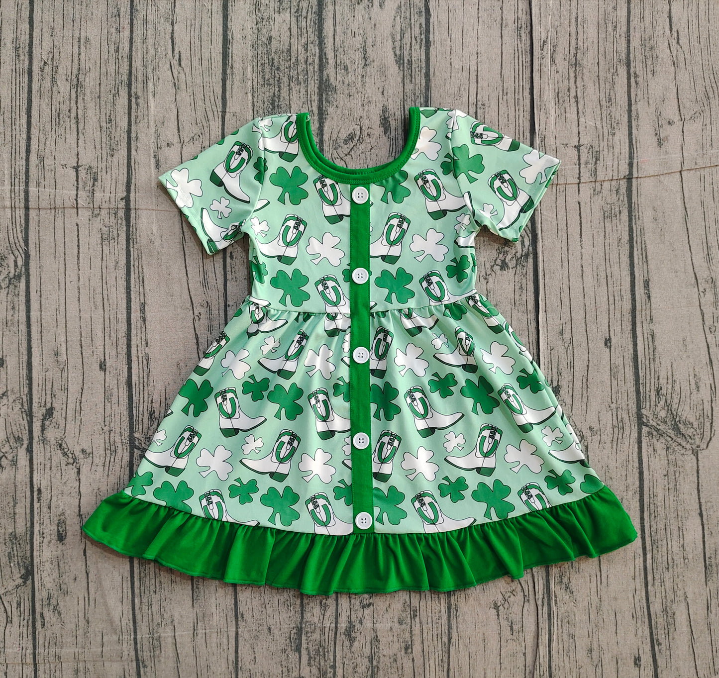 Baby Girls Green Clovers Boots St Patrick Ruffle Knee Length Dresses
