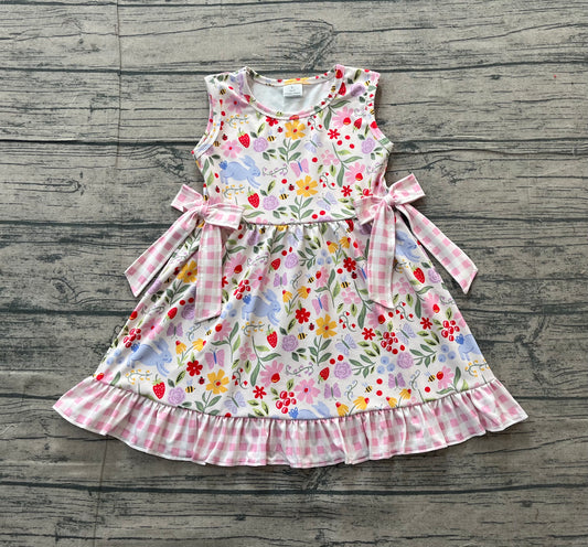 Baby Girls Colorful Rabbit Flowers Bows Easter Ruffle Knee Length Dresses