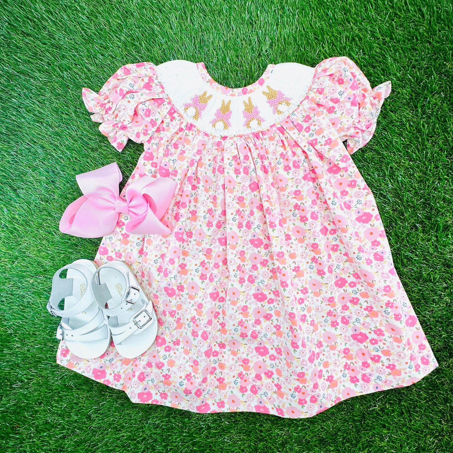 Baby Girls Pink Bows Rabbits Flowers Easter Knee Length Dresses Preorder
